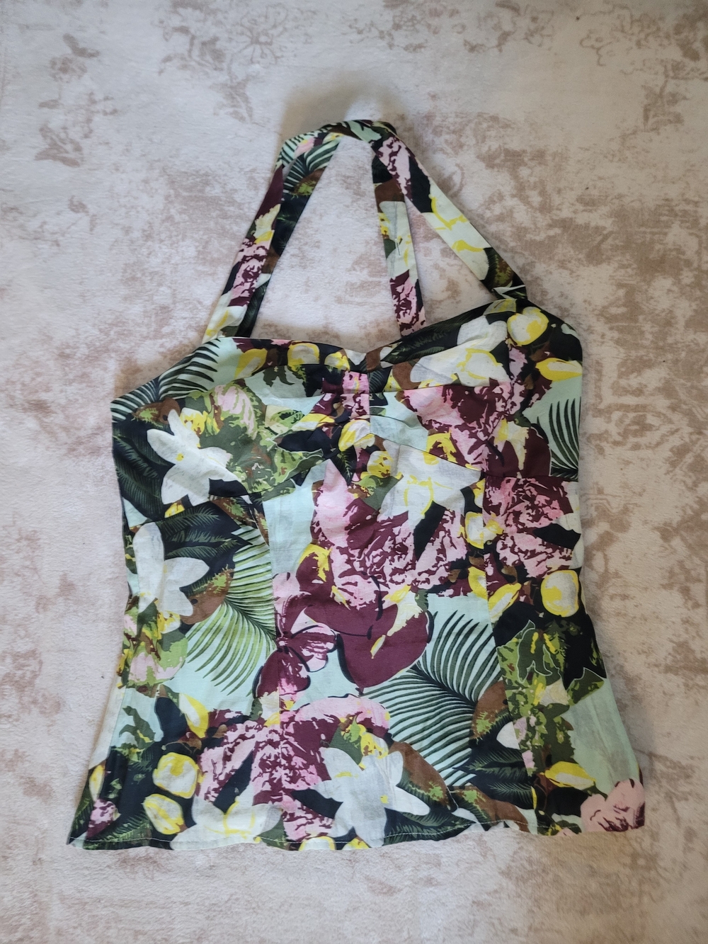 Floral Halter Silk And Cotton Blend X Back Top  - Multi